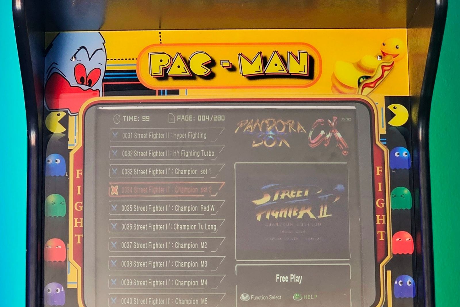 A classic Pac-Man arcade machine, illustrating a maze of choices and a visible score.