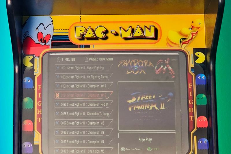 A classic Pac-Man arcade machine, illustrating a maze of choices and a visible score.